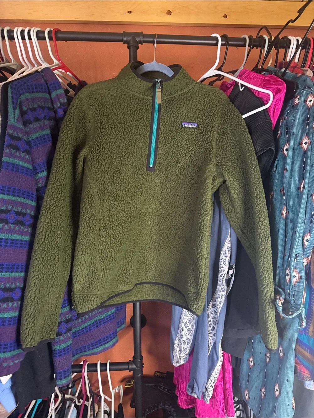 Patagonia Olive Sherpa Quarter-Zip with Teal Trim